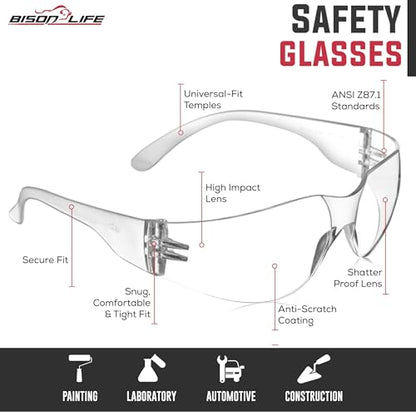 BISON LIFE Clear Safety Glasses – ANSI Z87.1 Certified Scratch & Impact Resistant Eye Protection Goggles for Men & Women - color: Clear/Clear