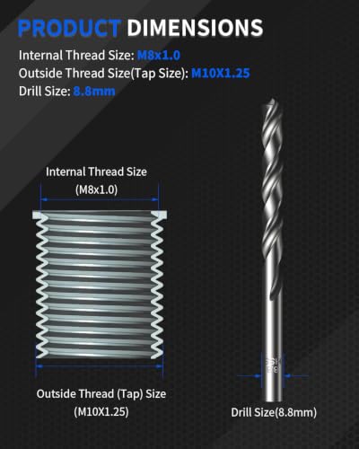 M8x1.0 Metric Thread Repair Kit, with HSS Drill, HSS Tap, Counterbore, Installation Driver, M8x1.0MM 10 pcs 304 Stainless Steel Inserts (11.7mm Length) - size: M8 X 1.0
