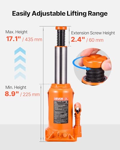 VEVOR Hydraulic Bottle Jack, 20 Ton/44092 LBS All Welded Bottle Jack, 7.5-14 inch Lifting Range, with 3-Section Long Handle, for Pickup Truck, Truck, Car, RV, Auto Repair, Industrial Engineering - style: 20T Hight Profile