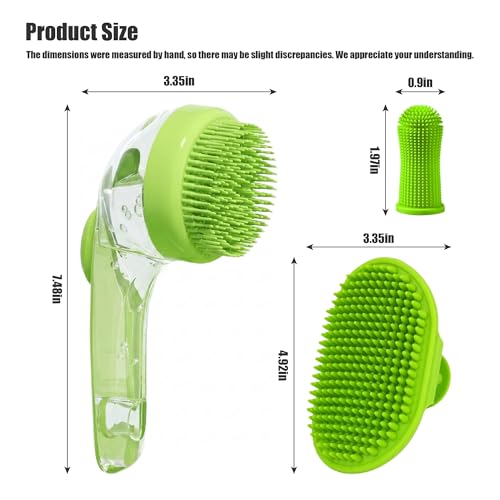 5PC pet grooming bath brush set - silicone massage brush with shampoo dispenser - suitable for dogs and cats for bathing, removing loose hair, and oral cleaning (green)