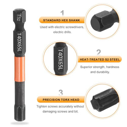 HARFINGTON 3pcs T40 Torx Head Screwdriver Bit 2.56" (65mm) Long 1/4" Hex Shank Magnetic No Hole Tamper Proof 6 Point Star Screw Driver Drill Bits Phosphate S2 Steel Industrial Power Tools - size: T40