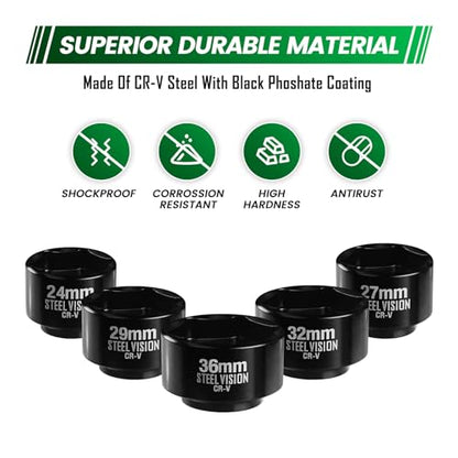 Steel Vision 5-Piece 3/8" Drive Low Profile Oil Filter & Oil Canister Socket Set, Metric 24mm, 27mm, 29mm, 32mm, 36mm, Chrome Vanadium Steel, 6-Point Design, Laser-Etched Markings (Upgraded Style)