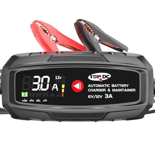 TOPDC 3A 6V/12V Automatic Battery Charger & Maintainer – Smart Trickle Charger for Car, Motorcycle, Boat, Lawn Tractor, RV, ATV – Lead-Acid (AGM/STD/Gel) & LiFePO4 (LFP) – Desulfator & Recondition - size: 3A