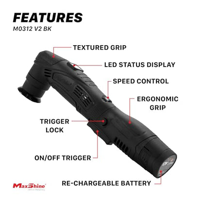 Maxshine M0312 V2 Cordless Mini Polisher – Lightweight DA & Rotary Buffer for Cars, Trucks & Boats, 6-Speed Portable Detailing Tool for Scratch Repair, Headlight Restoration, Swirl Removal - Black