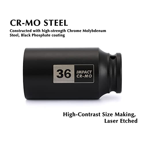 EMENTOL 1/2 Inch Drive Deep Spindle Axle Nut Impact Socket, CR-MO, 12 Point, Metric, Deep 12PT Impact Socket - 36mm - size: 36mm