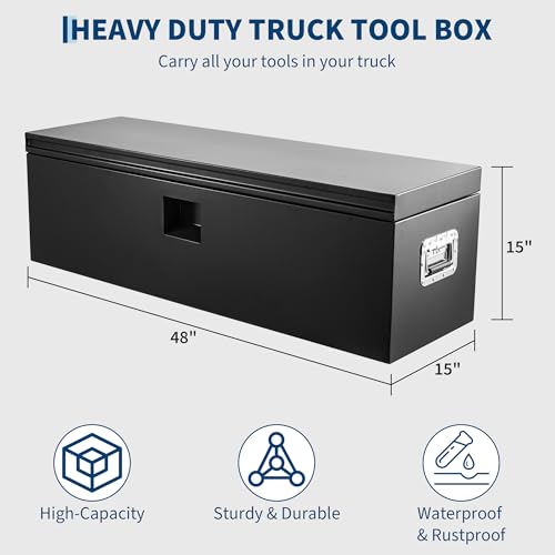 Industrial Steel Truck Tool Box w/Gas-Shock Lid, Pry-Resistant Security & Weatherproofing Toolbox Organizer Chest Fits Pickup, Truck Bed, RV, Trailer - color: Black, size: 15X15X48 inch