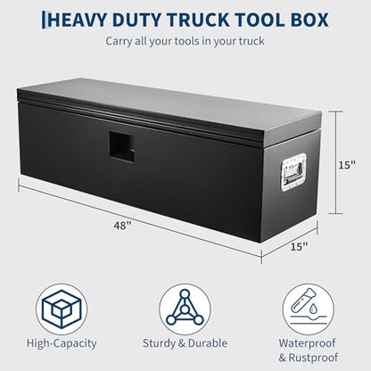 Industrial Steel Truck Tool Box w/Gas-Shock Lid, Pry-Resistant Security & Weatherproofing Toolbox Organizer Chest Fits Pickup, Truck Bed, RV, Trailer - color: Black, size: 15X15X48 inch