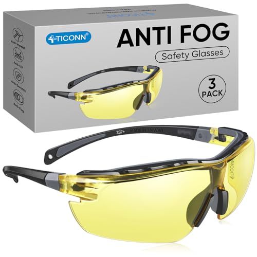 TICONN Anti-Fog Safety Glasses for Men and Women, ANSI Z87.1 Scratch Proof Eye Goggles with Adjustable Arms and UV Protection - style: 3 Pack/Yellow