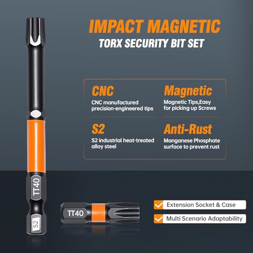 Security Tamper Proof Torx Bit Set,36-Piece T5-T40, S2 Steel Magnetic Bits | S2 Steel Security Torx Bit Set, CNC Machined Tips, 1/2/3" Bits, Magnetic Holder, Storage Box, for Impact, Auto