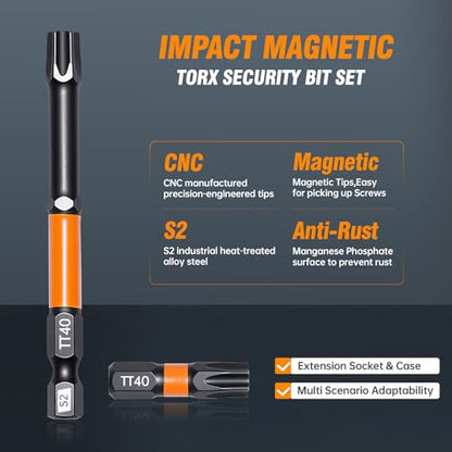 Security Tamper Proof Torx Bit Set,36-Piece T5-T40, S2 Steel Magnetic Bits | S2 Steel Security Torx Bit Set, CNC Machined Tips, 1/2/3" Bits, Magnetic Holder, Storage Box, for Impact, Auto