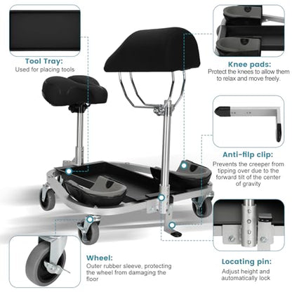 Kneeling/Sitting Creeper With Chest Support And Rolling Knee Pads, Featuring 3" Casters And Brake,300-Pound Capacity,Equipped With A Tool Tray For Tiles, Parquet, Cleaning Or Other Floor Work
