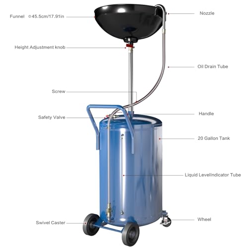 Larbanke 20-Gallon Waste Oil Drain Tank, Air Operated Drainer Oil Change Container with 360 ° Wheels,Oil Drain with Adjustable Funnel Height, Change Container Suitable for Car Repair Shops and Garages