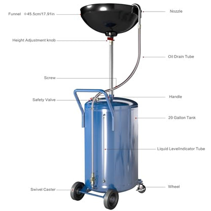 Larbanke 20-Gallon Waste Oil Drain Tank, Air Operated Drainer Oil Change Container with 360 ° Wheels,Oil Drain with Adjustable Funnel Height, Change Container Suitable for Car Repair Shops and Garages