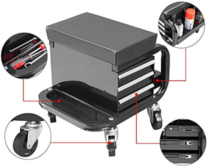 Torin APD2016AB Rolling Tool Chest/Tool Box with 3 Drawers and Wheels, Padded Mechanic Stool Creeper Seat, Black - style: Rolling Tool Chest