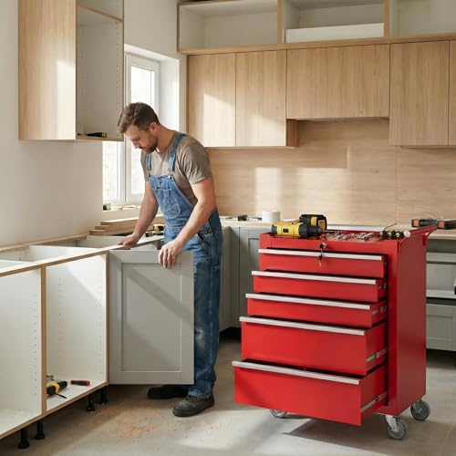 Rolling Tool Box with Wheels – 5 Drawer Heavy Duty Tool Chest Cabinet, Lockable Portable Storage Organizer with Drawer Liners, Mobile Mechanic Toolbox for Garage, Workshop, Shop, Easy Assembly, Red