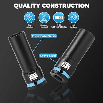 4-Piece 1/2" Drive Lug Nut Impact Socket Set, Non-Marring Thin Wall Wheel Protector Socket，CR-MO, Metric 17.5, 19.5, 21.5, 22.5mm