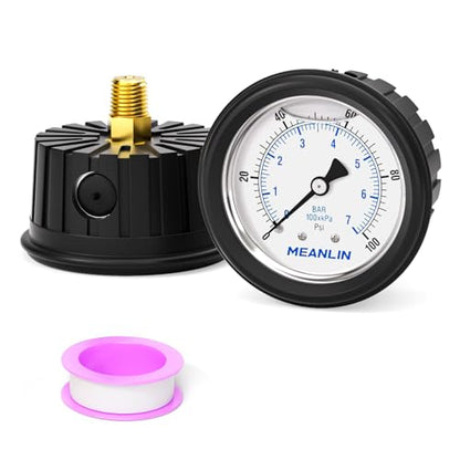 MEANLIN MEASURE 0~100Psi Stainless Steel Liquid Filled Pressure Gauge 1/4" NPT 2.5" FACE DIAL with Rubber Protective Sleeve, Center Back Mount - size: 0-100Psi