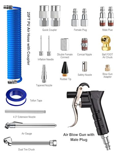 SARDVISA 22-Packs Air Compressor Accessories Kit, 25FT Upgrade Repairable PU Air Hose with 1/4'' NPT Air Tool Kit, Air Blow Gun/Air Chuck/Tire Gauge, Pneumatic Tool Set