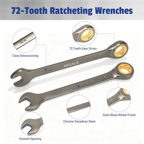 22-Piece Ratcheting Wrench Set, 72 Teeth, Metric 6-18 mm & SAE 1/4-3/4", Combination Wrench Sets with Organizer Box