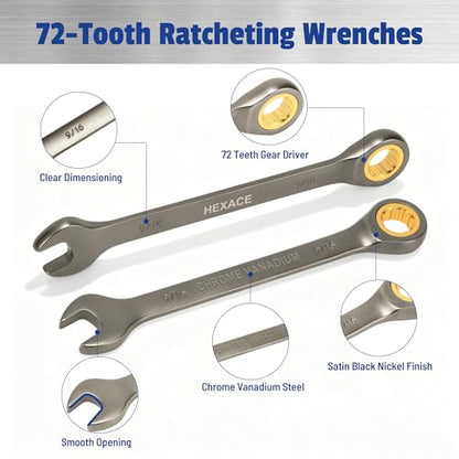 22-Piece Ratcheting Wrench Set, 72 Teeth, Metric 6-18 mm & SAE 1/4-3/4", Combination Wrench Sets with Organizer Box