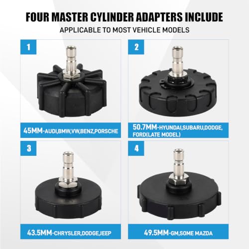 SMOTIVEPRO 2L Manual Brake Bleeder Kit with 4 Master Cylinder Adapters, One Person Brake Fluid Bleeding Tool Compatible with GM, Ford, Honda, BMW and More for ABS & Clutch Systems - size: with 4-adapter set(for multi-vehicle)