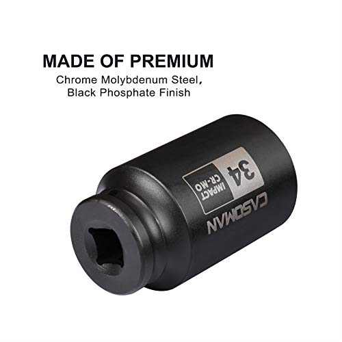 CASOMAN 1/2" Drive x 34 mm Deep 6 PT Impact Socket, CR-MO, 1/2-inch Drive 6 Point Axle Nut Socket for Easy Removal of Axle Shaft Nuts (34MM) - size: 34 mm (Deep), style: 6-Point Socket