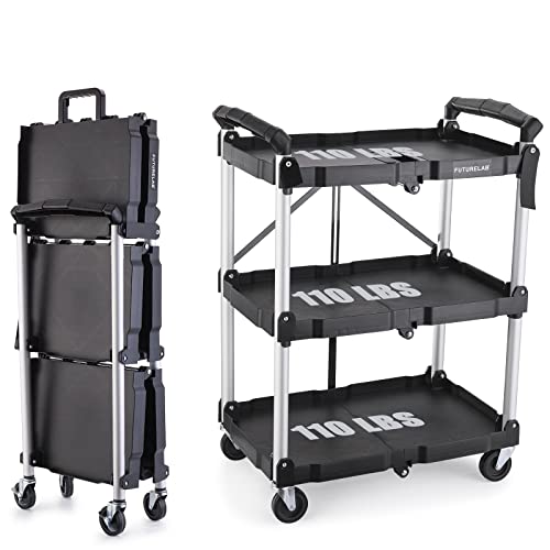 FUTURELAB Portable Folding Service Cart - 3 Tier 330LBS Capacity - Rolling Utility Foldable Cart with Wheels for Warehouse Home Workshops Garages Restaurants Offices - color: Black