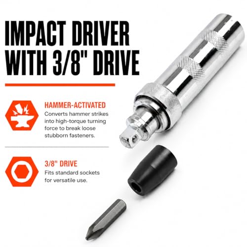GreatNeck Reversible Manual Impact Driver Set 4 Bits for Rusted Screws | 3/8" Drive Impact Driver Set w/ 4 Drill Bits for Rusted Screws & Stubborn Fasteners, Chrome Vanadium Steel Bits