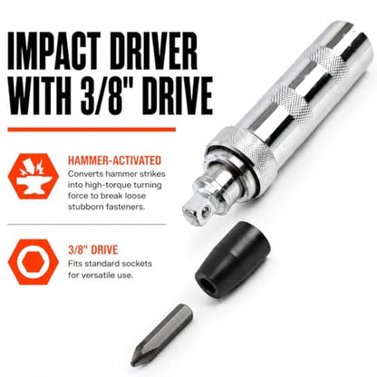 GreatNeck Reversible Manual Impact Driver Set 4 Bits for Rusted Screws | 3/8" Drive Impact Driver Set w/ 4 Drill Bits for Rusted Screws & Stubborn Fasteners, Chrome Vanadium Steel Bits