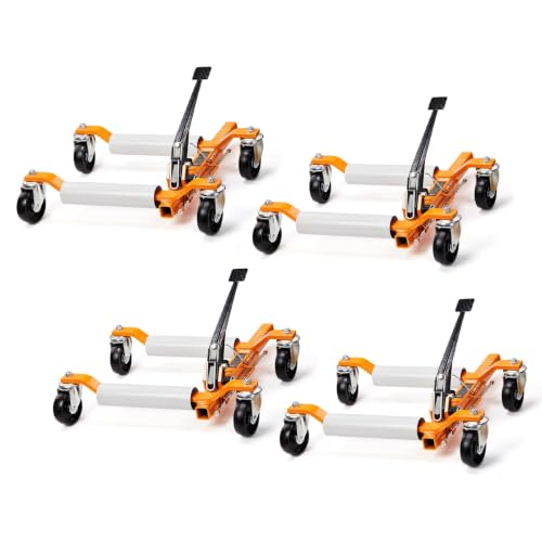 TUFFIOM Car Wheel Dolly Set of 4, Mechanical 6000-lbs Car Dollies, 12'' Wheel Vehicle Positioning Jack, No Assembly, Heavy Duty Rollers w/Ratcheting Foot Pedal, for Tire Auto Repair,Orange - color: Orange-Silver,Set of 4