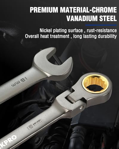 WORKPRO 18 mm Flex-Head Ratcheting Combination Wrench, Cr-V Constructed, Nickel Plating, 72-Teeth, 12 Point Design, Metric - size: 18 mm, style: Nickel Plating