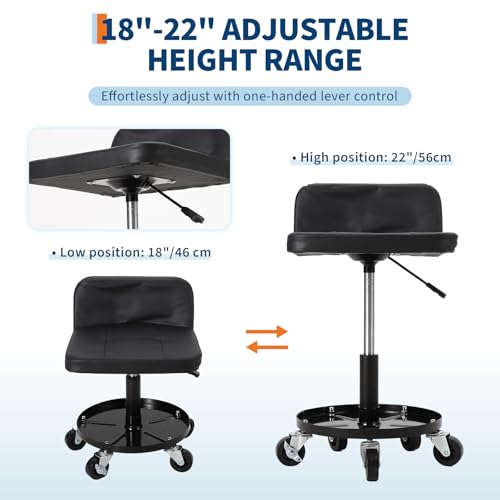 Rolling Mechanic Stool, 300 LBS Capacity, 18" to 22" Height Adjustable Shop Stool with Soft Cushion, Tool Tray & 3" 360° Lockable Swivel Wheels for Garage, Auto Repair, Workshop, ‌Heavy Duty, Black - size: Model 1