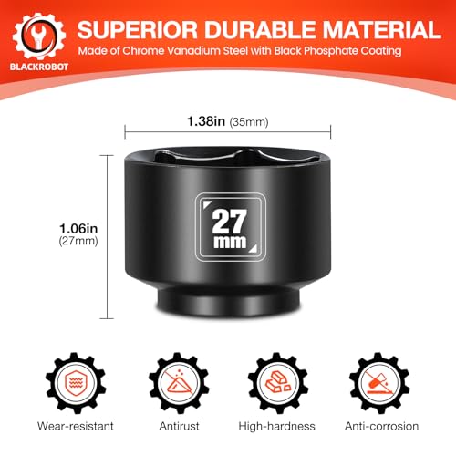 BLACKROBOT 27mm Low Profile Oil Filter Socket, 3/8" Drive 6-Point Oil Filter Cap Remover and Installer Tool, Chrome Vanadium Steel - size: 27mm