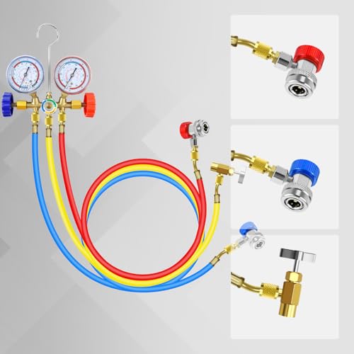 AC Manifold Gauge Set, 3 Way Car HVAC R134a R404a Refrigerant Charging Tool Kit, with Hoses Quick Coupler Adapter Can Tap Case, for Auto Air Conditioner Freon Diagnostic Test and Recharge