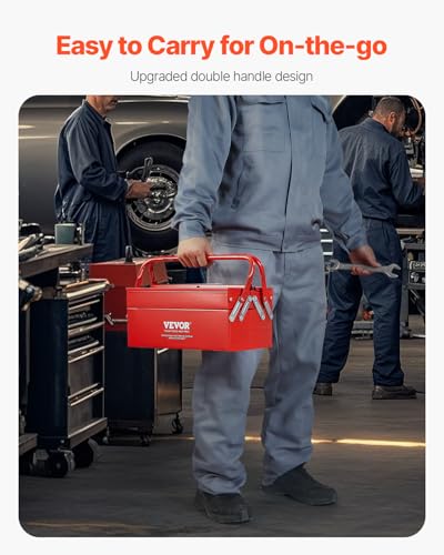 VEVOR Metal Tool Box, 14-inch, 2-Tier 3-Tray Portable Folding Tool Chest Organizer with Handle & Lock Hole, Powder Coated Steel, Cantilever Toolbox for Household Factory Warehouse Repair Shop, Red - style: 2 Tier-3 Tray