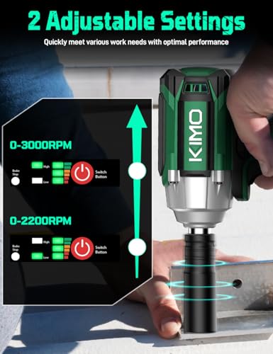 KIMO Impact Wrench 1/2 Cordless,550N.m/406ft-lbs Max Torque & 3000RPM, 2x20V 3.0Ah Battery, Impact Gun with 7 Drive Impact Sockets, 3 Inch Extension Bar, 1 Hour Fast Charger Impact Drill for Car Tires