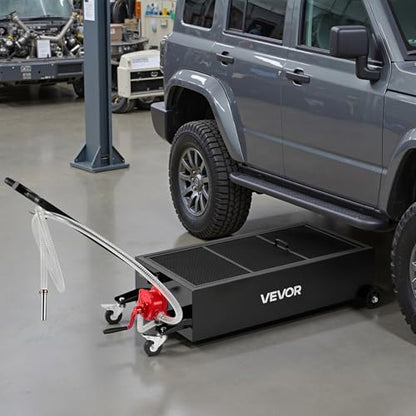 VEVOR Low Profile Oil Drain Pan, 25 Gallon Capacity, Rolling Oil Drain Pan with Manual Pump, 7.2 ft Hose & T Folding Handle, Leak-Proof & Corrosion-Resistant, Fit for Cars, SUVs, Trucks, ATVs, Black - size: 25 Gallon