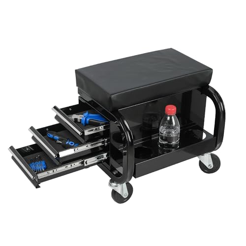 3-Drawer Rolling Mechanic Seat with Tool Chest, 350 lbs Weight Capacity, Reinforced Metal Powder-Coated Finish, Black, with Swivel Casters and Removable Storage Tray (Side drawer) - style: Side drawer