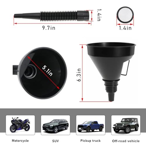 Wide Mouth Oil Funnel with Flexible Extension, Large Funnels for Automotive Use, Vehicle Nozzle Hose with Handle Mesh Removable Mesh Screen Filter, Car Accessories