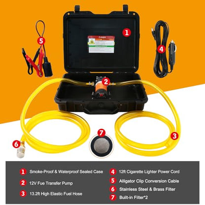 12V Fuel Transfer Pump Moves 120 Gallons of Gas or Diesel Per Hour. With Car Cigarette Lighter Plug, Battery Clip and Upgraded Carrying Case, for UTVs, Vehicles, Boats, Equipment.(80W) - color: 120Gal/hr