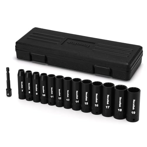 TecoTek 14 Pieces 3/8-Inch Drive Impact Socket Set, 12-Point, Metric, Deep, CR-V, 7mm to 19mm, Drill Socket Adapter 3/8" - size: 7mm-19mm(Deep)