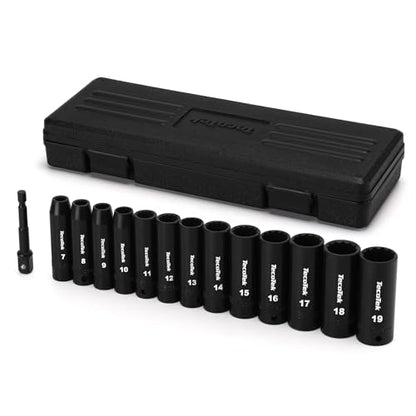 TecoTek 14 Pieces 3/8-Inch Drive Impact Socket Set, 12-Point, Metric, Deep, CR-V, 7mm to 19mm, Drill Socket Adapter 3/8" - size: 7mm-19mm(Deep)