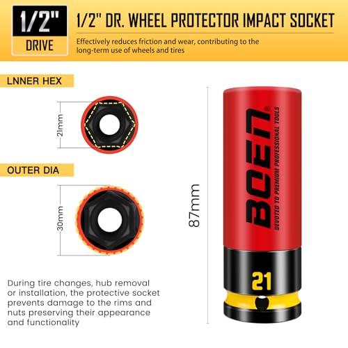 BOEN 21mm 1/2" Drive Wheel Protector Impact Socket, Non-Marring Thin Wall Wheel Protector Nut Socket, Color-Coded, Embossed and Painted Marking, CR-MO Steel - style: 21MM