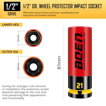 BOEN 21mm 1/2" Drive Wheel Protector Impact Socket, Non-Marring Thin Wall Wheel Protector Nut Socket, Color-Coded, Embossed and Painted Marking, CR-MO Steel - style: 21MM