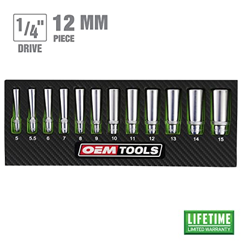 OEMTOOLS 23986 12 Piece Deep 1/4 Drive Socket Set, Deep Socket Set Metric 5-15mm, Heat-Treated Alloy Steel Sockets, Hard Chrome Finish, EVA Tray Storage - style: 1/4" Metric