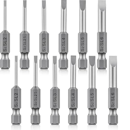 12Pcs Magnetic Screwdriver Bit Set, 1/4 Inch Hex Shank Flat Head Slotted Drill Bits, 2 Inch Length Screwdriver Bits SL2 SL2.5 SL3 SL4 SL5 SL6 for Power Drill Impact Driver