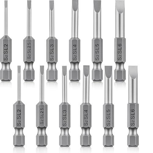 12Pcs Magnetic Screwdriver Bit Set, 1/4 Inch Hex Shank Flat Head Slotted Drill Bits, 2 Inch Length Screwdriver Bits SL2 SL2.5 SL3 SL4 SL5 SL6 for Power Drill Impact Driver
