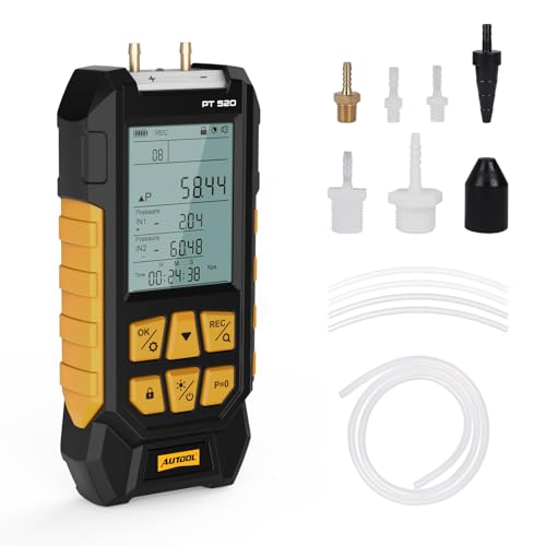 AUTOOL Manometer Gas Pressure Tester,Digital Manometer HVAC,10 Units Differential Dual Port Pressure Gauge -100 to 200Kpa,Data Zeroing with Backlight LCD Display