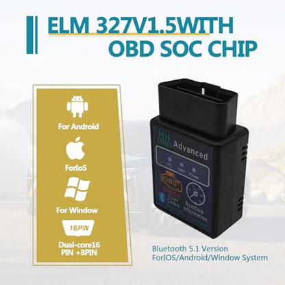 Bluetooth OBD2 Wireless Scanner Diagnostic Tool, Vehicle Code Reader for Car, Scan Tool Reset & Clear Check Car Engine Light, Compatible with iOS & Android & Windows