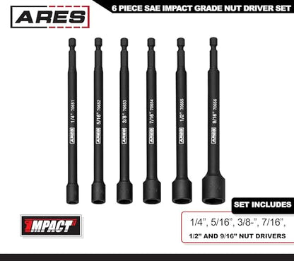 ARES 70650 6-Piece SAE Magnetic Impact Nut Driver Bit Set | Impact Grade Nut Setters with Industrial Strength Magnets - size: 6pc SAE Magnetic Impact Nut Driver Set